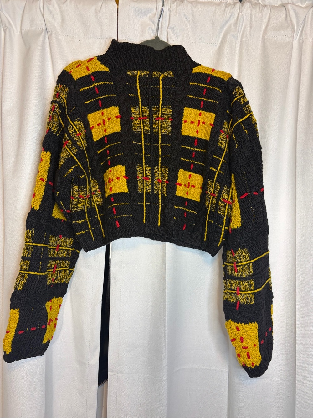 RARE Vintage 80s 90s Michael Simon Handknit Plaid cropped sweater Size Small - Picture 6 of 6